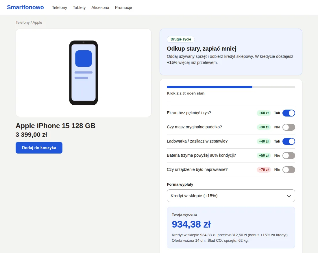 Karta produktu iPhone 15 w sklepie Shoper z kreatorem „Odkup stary” i wyceną iPhone 13 na 934,38 zł