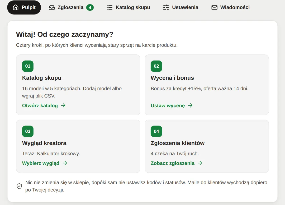 Pulpit panelu GrowTradeIn z kartami startu 01 do 04