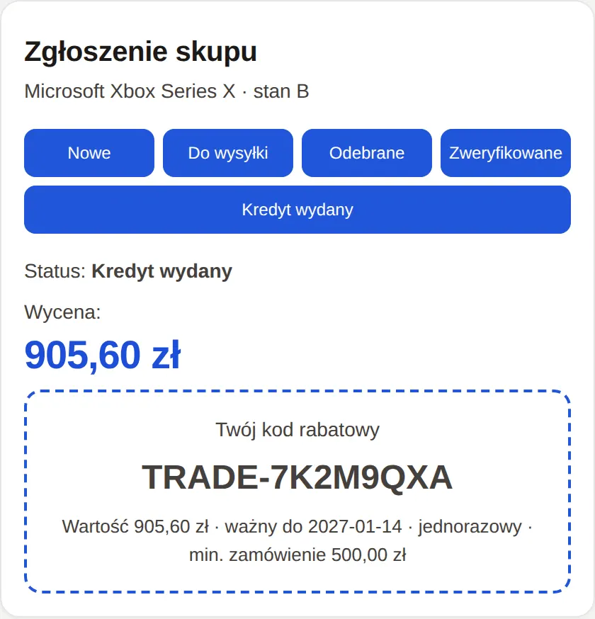 Portal klienta z kodem rabatowym, kwotą i datą ważności
