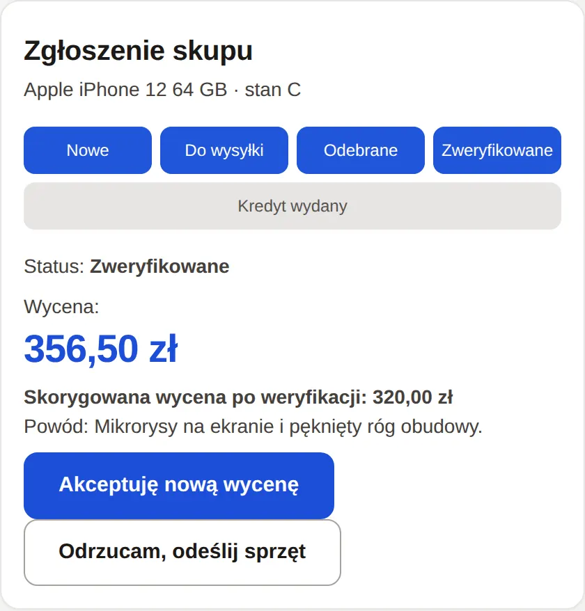 Portal klienta ze skorygowaną wyceną, powodem i przyciskami akceptacji