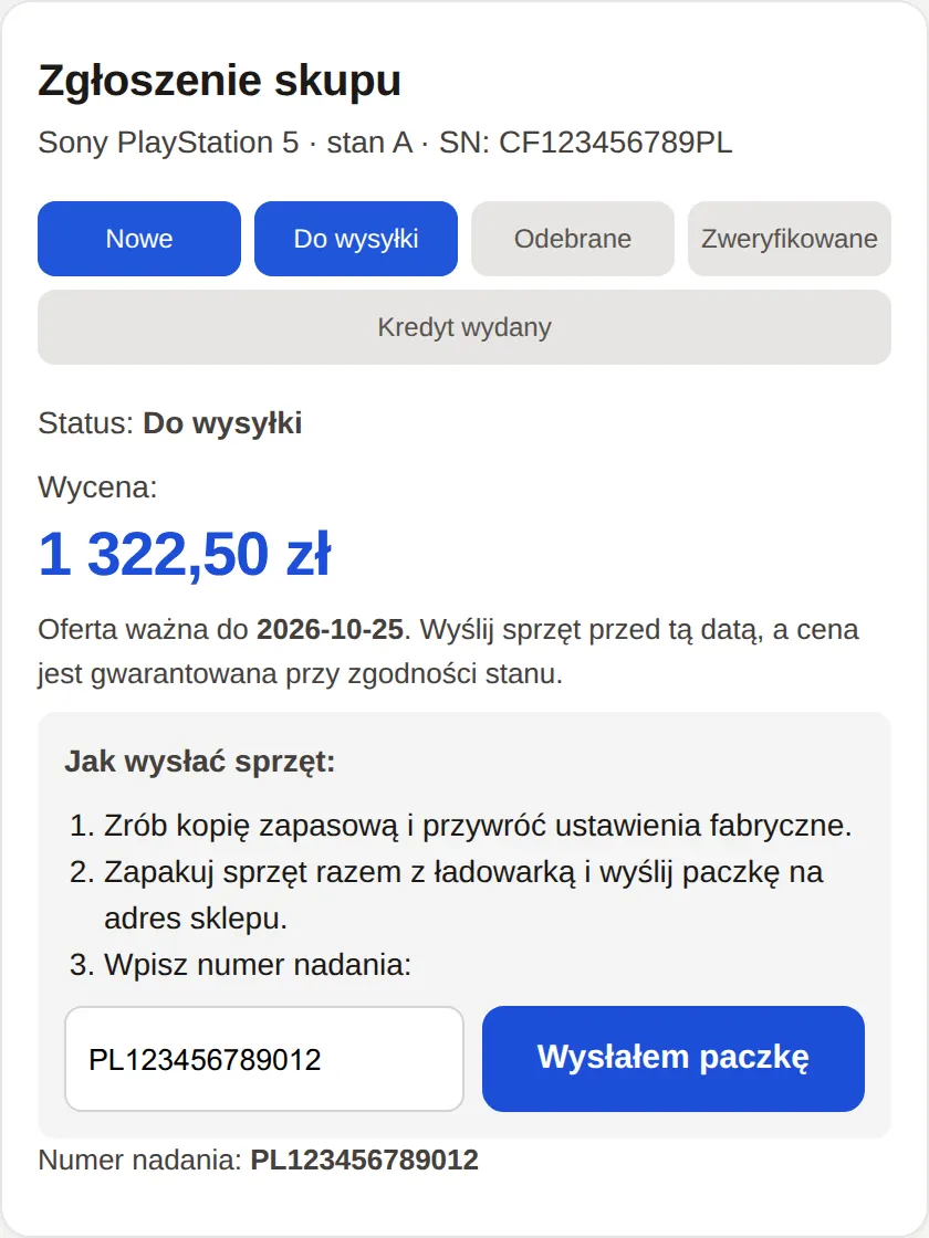 Portal klienta: oś statusów, instrukcja wysyłki i numer nadania