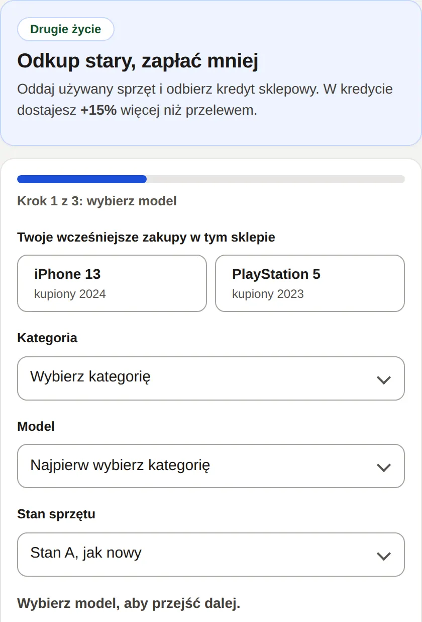 Komunikat „Wybierz model, aby przejść dalej” w kreatorze