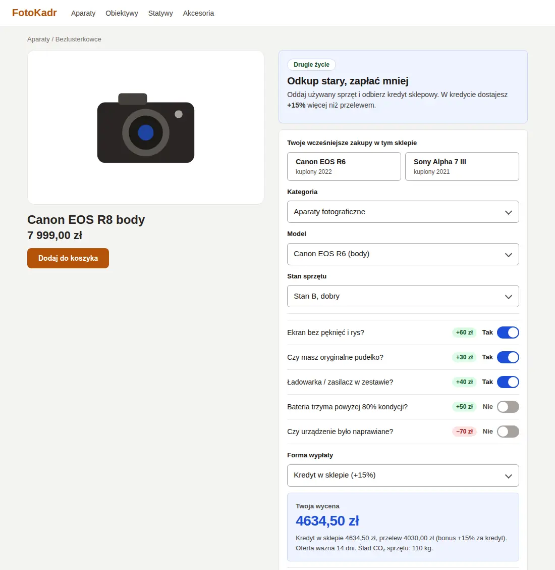 Kreator Jedna karta na stronie aparatu Canon EOS R8 w sklepie fotograficznym