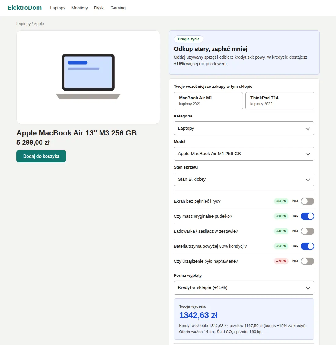 Kreator Jedna karta na stronie MacBooka Air w sklepie z elektroniką