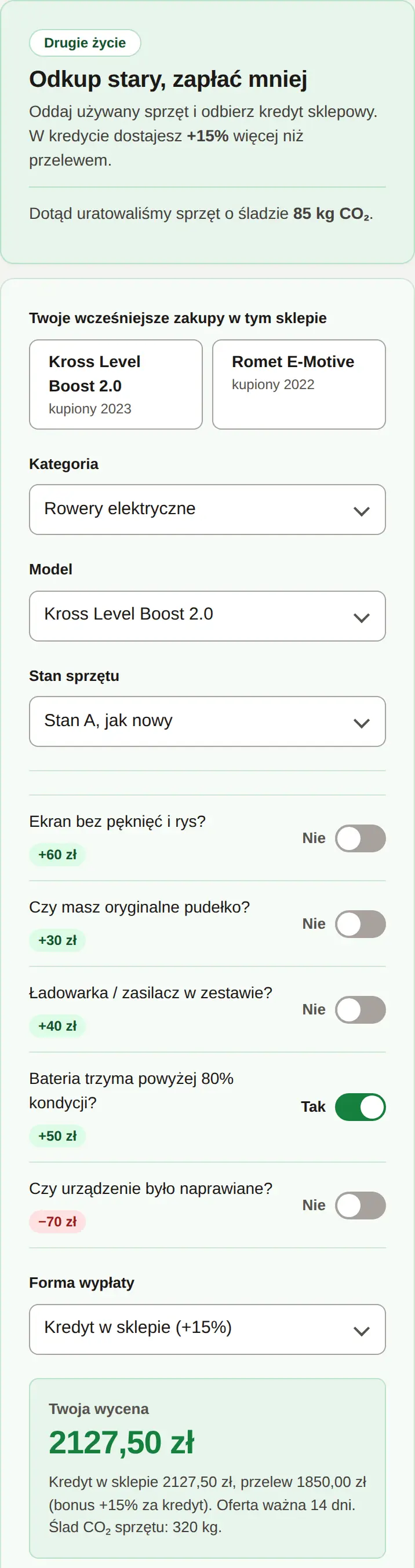 Kreator C Eko na ekranie telefonu z wyceną roweru elektrycznego