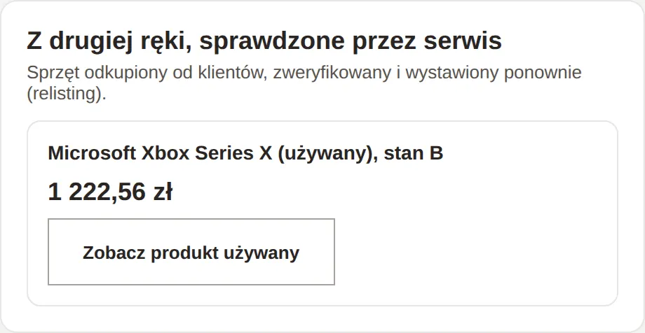 Półka „Z drugiej ręki” z używaną konsolą Xbox Series X w sklepie