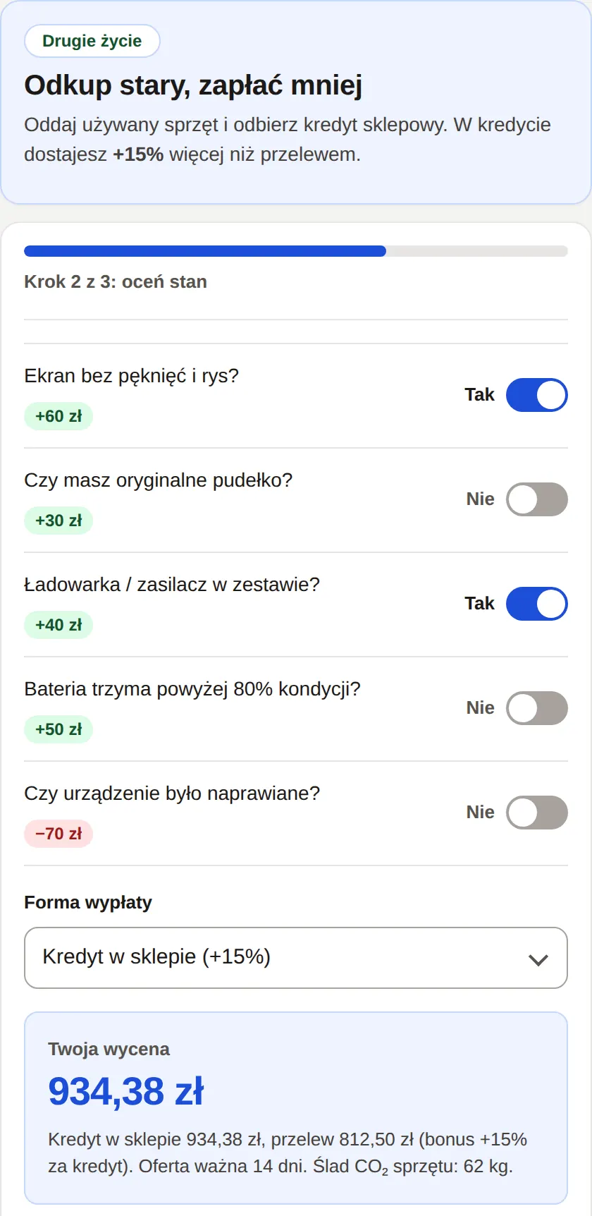 Kreator A, krok „oceń stan” z wyceną iPhone 13 w sklepie Shoper
