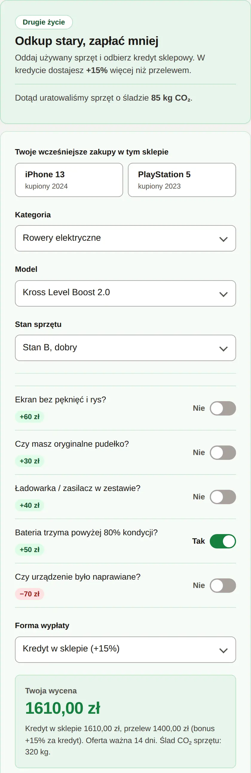 Kreator C Eko z wyceną roweru elektrycznego i licznikiem CO₂