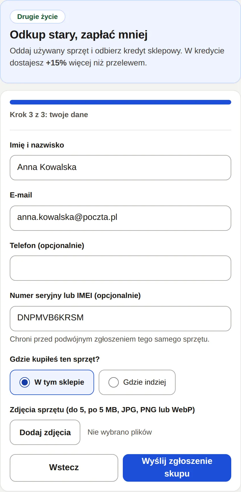 Ostatni krok kreatora: imię, e-mail, numer seryjny, źródło zakupu i zdjęcia